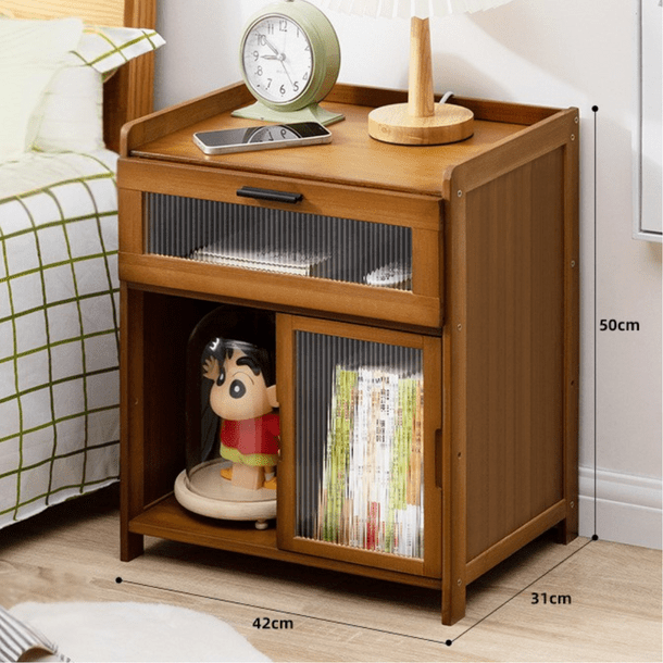 Bamboo Wood Bedside Table with Sliding Drawer & Rattan Cabinet (42cm)