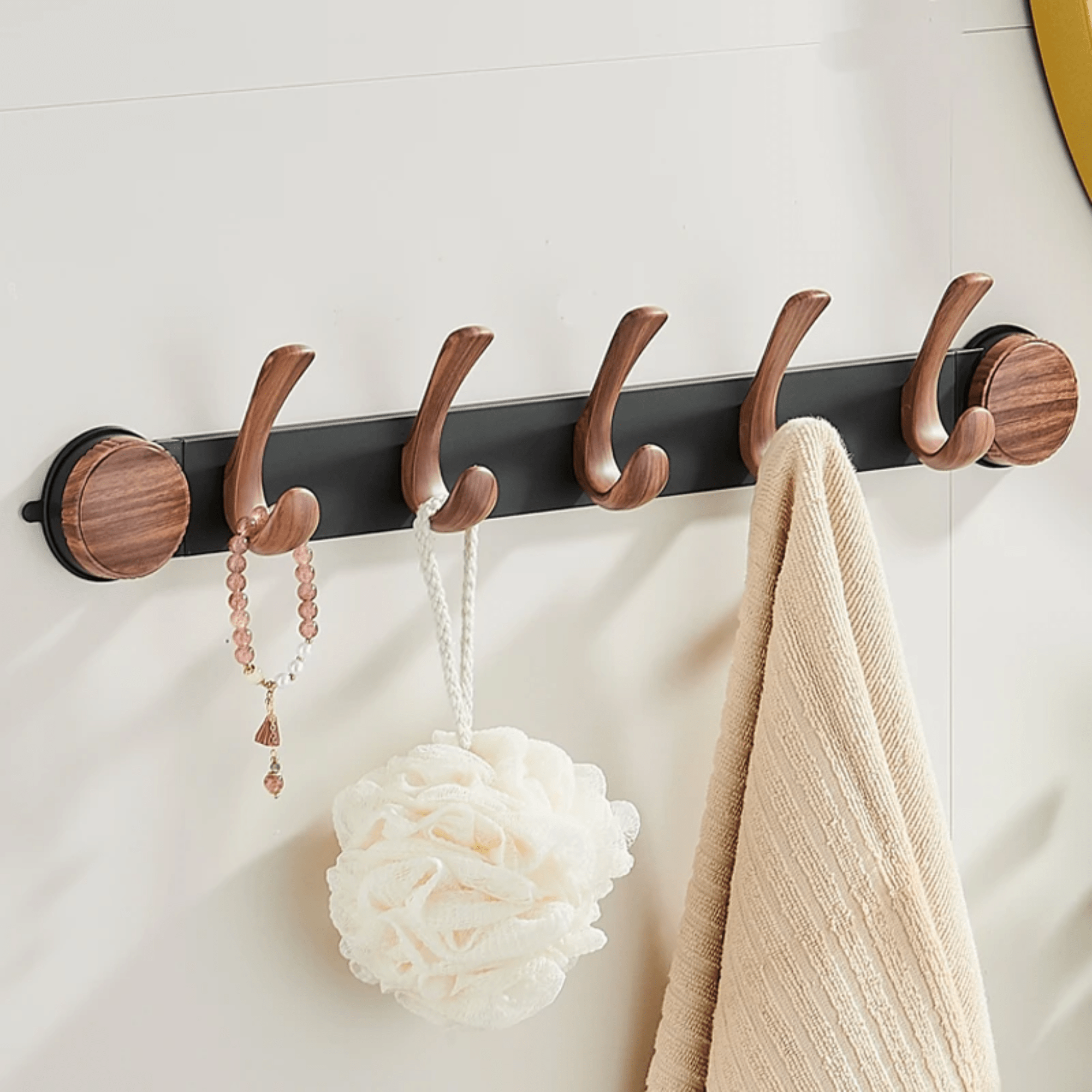 Wall-Mounted 5-Hook Rack with Vacuum Suction and Wood Finish