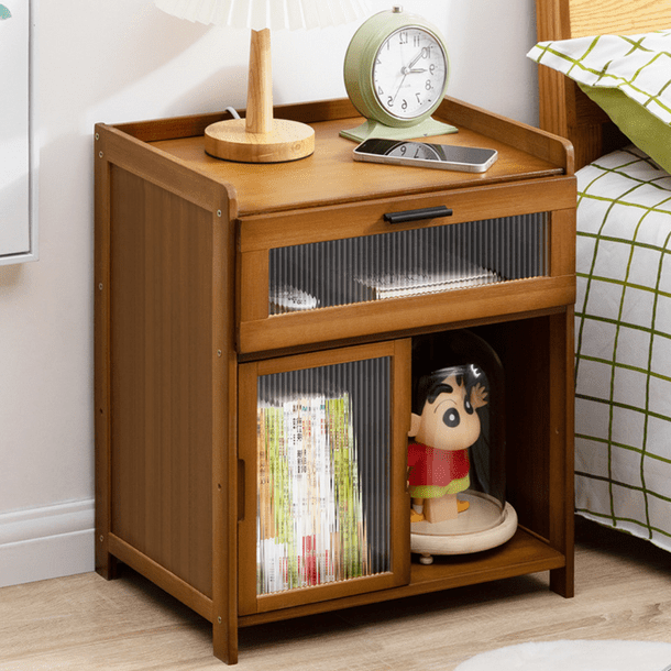 Bamboo Wood Bedside Table with Sliding Drawer & Rattan Cabinet (42cm)