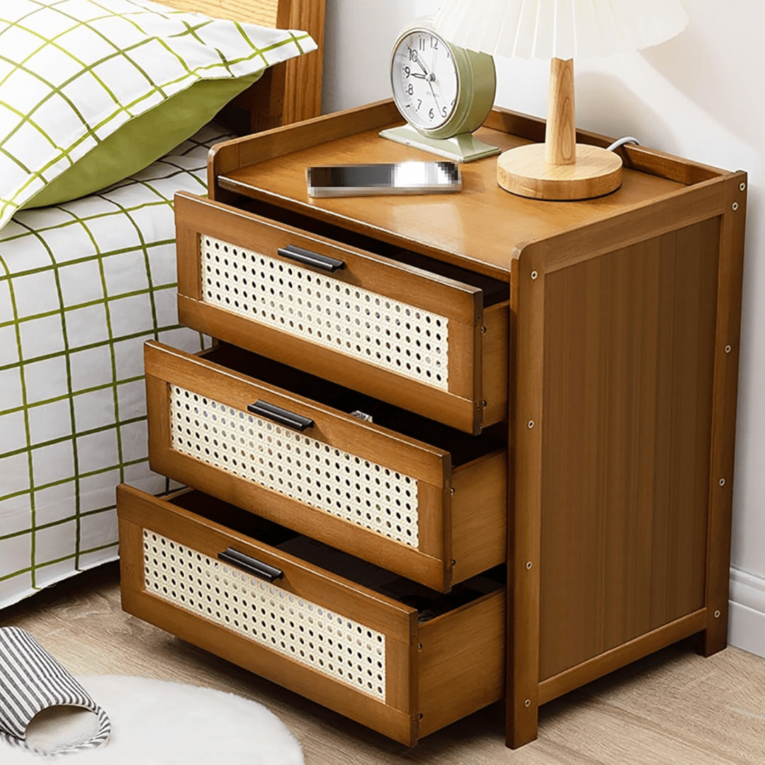 Bamboo Wood Bedside Table with Sliding Drawer & Rattan Cabinet (42cm)