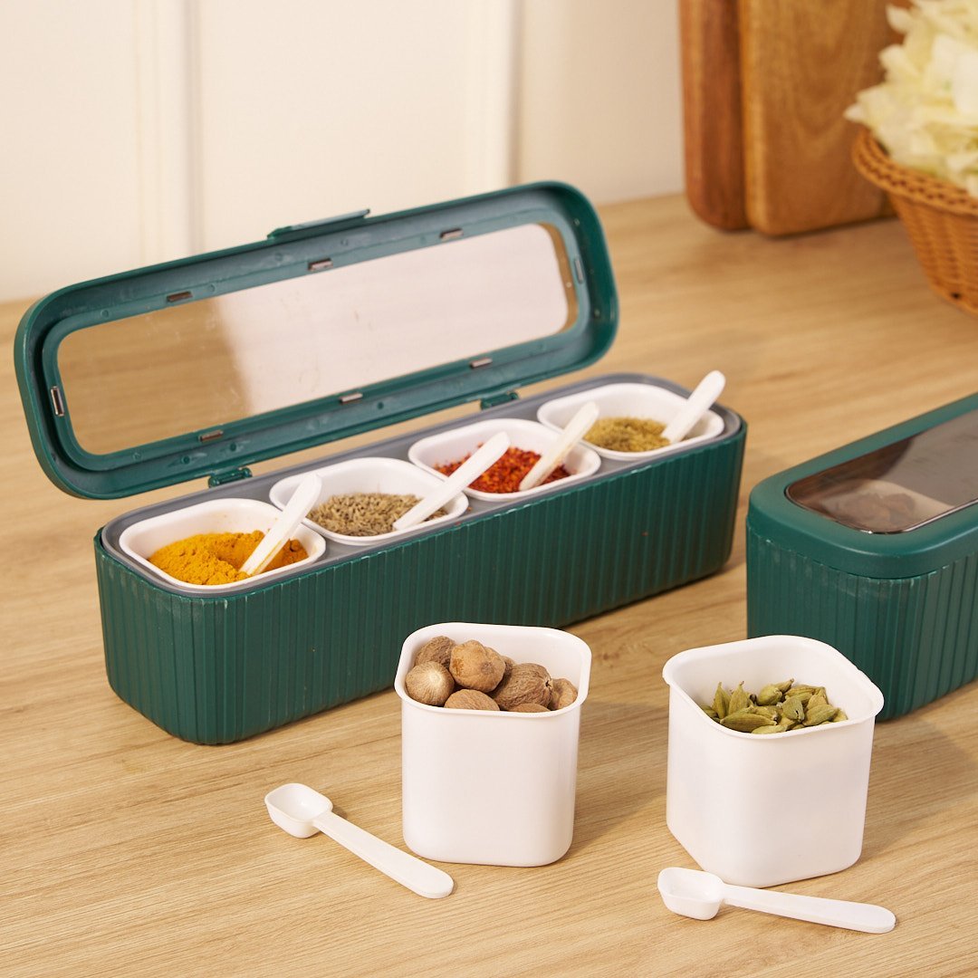 Clear Seasoning Box Set With 4 Seasoning Condiment Jars and Serving spoons