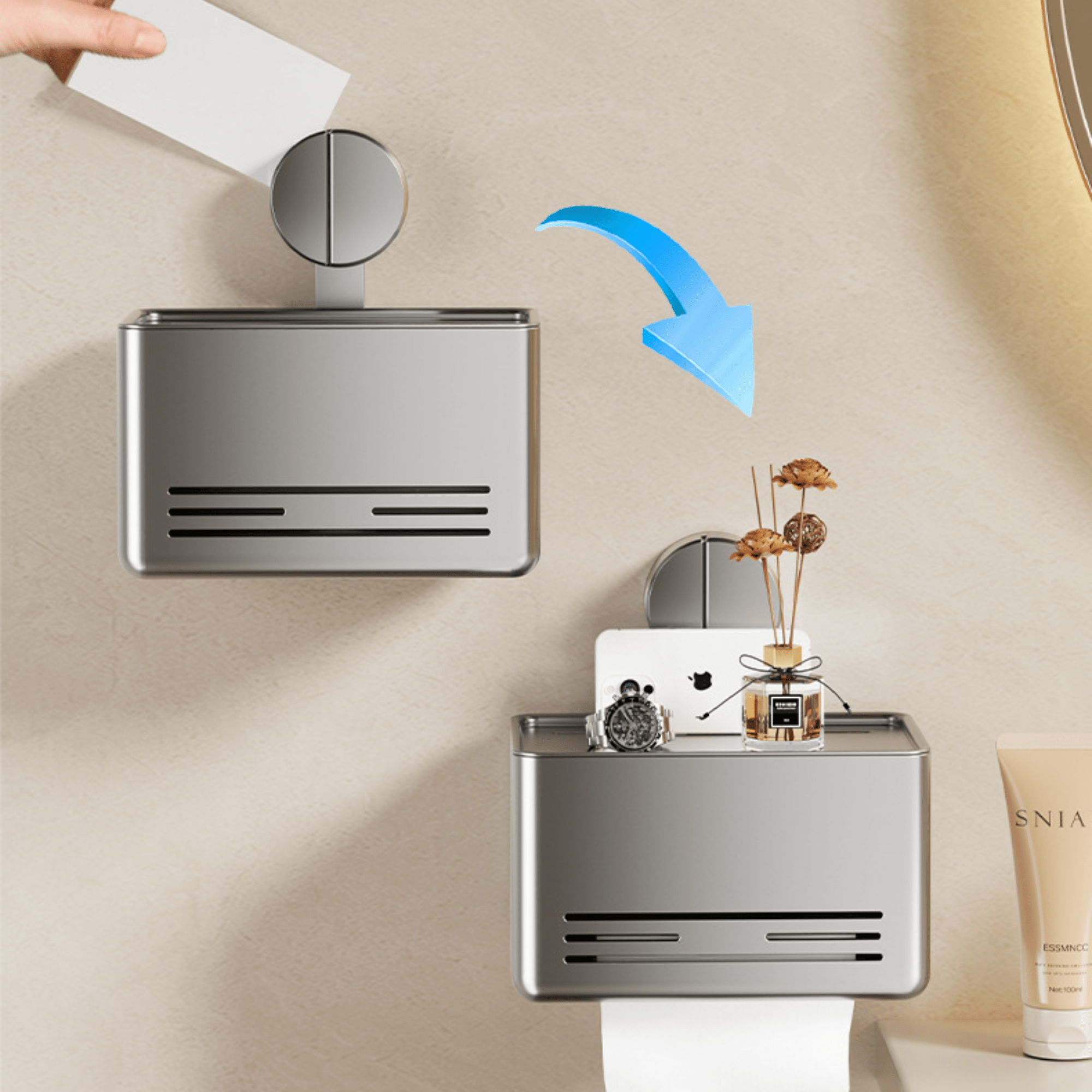 Wall-Mounted Suction Cup Toilet Tissue Box with Storage Shelf