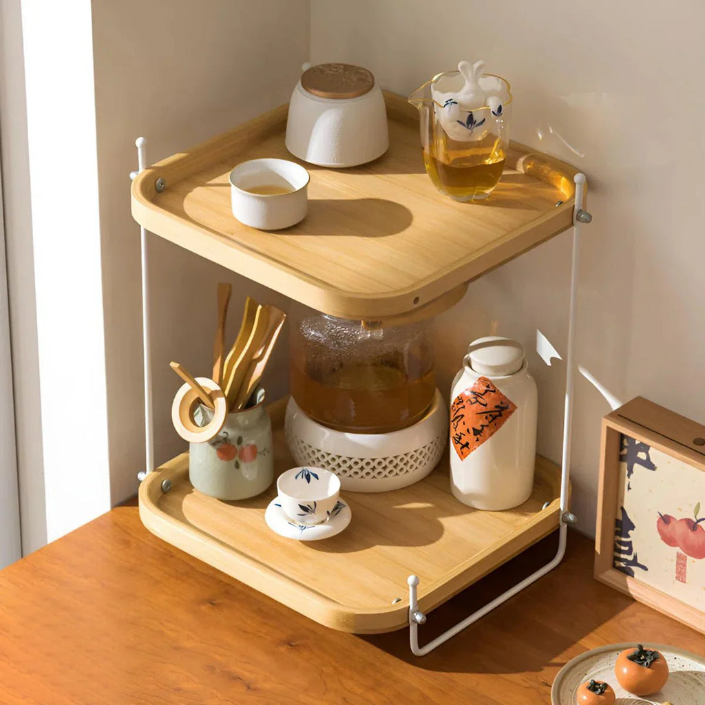 Bamboo Wood Two-Tier Tea Organizer Rack