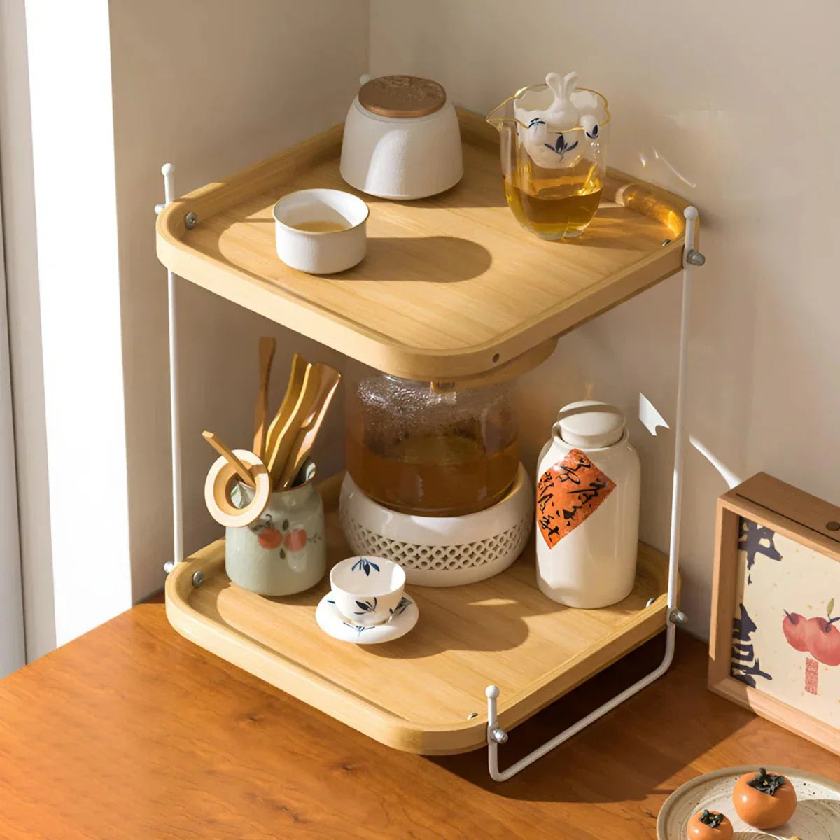 Bamboo Wood Two-Tier Tea Organizer Rack