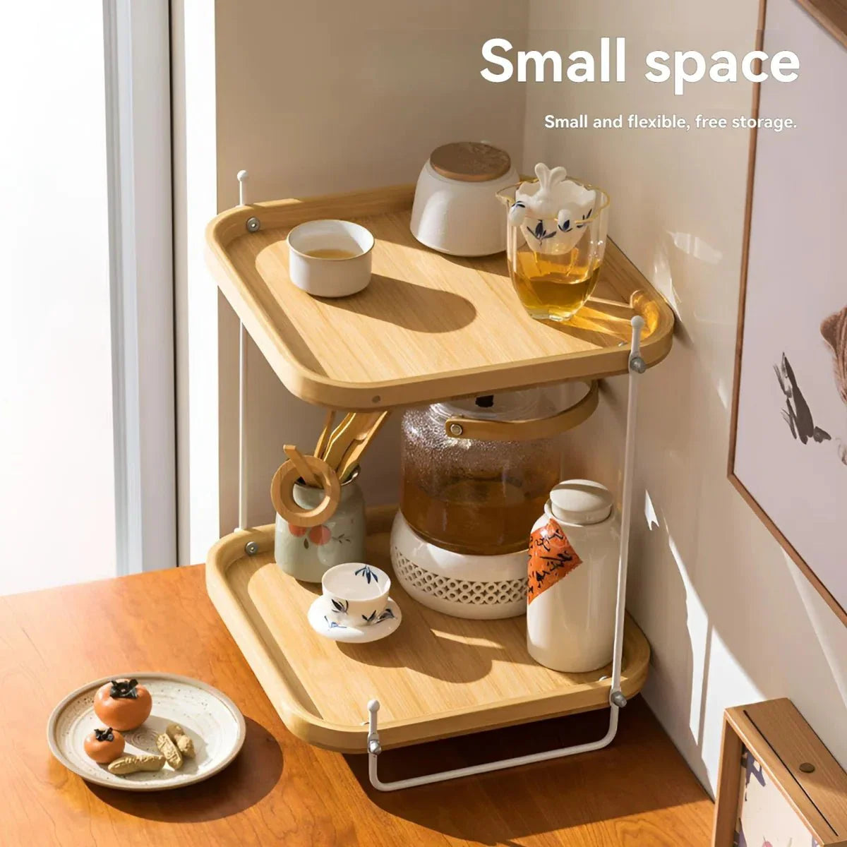 Bamboo Wood Two-Tier Tea Organizer Rack