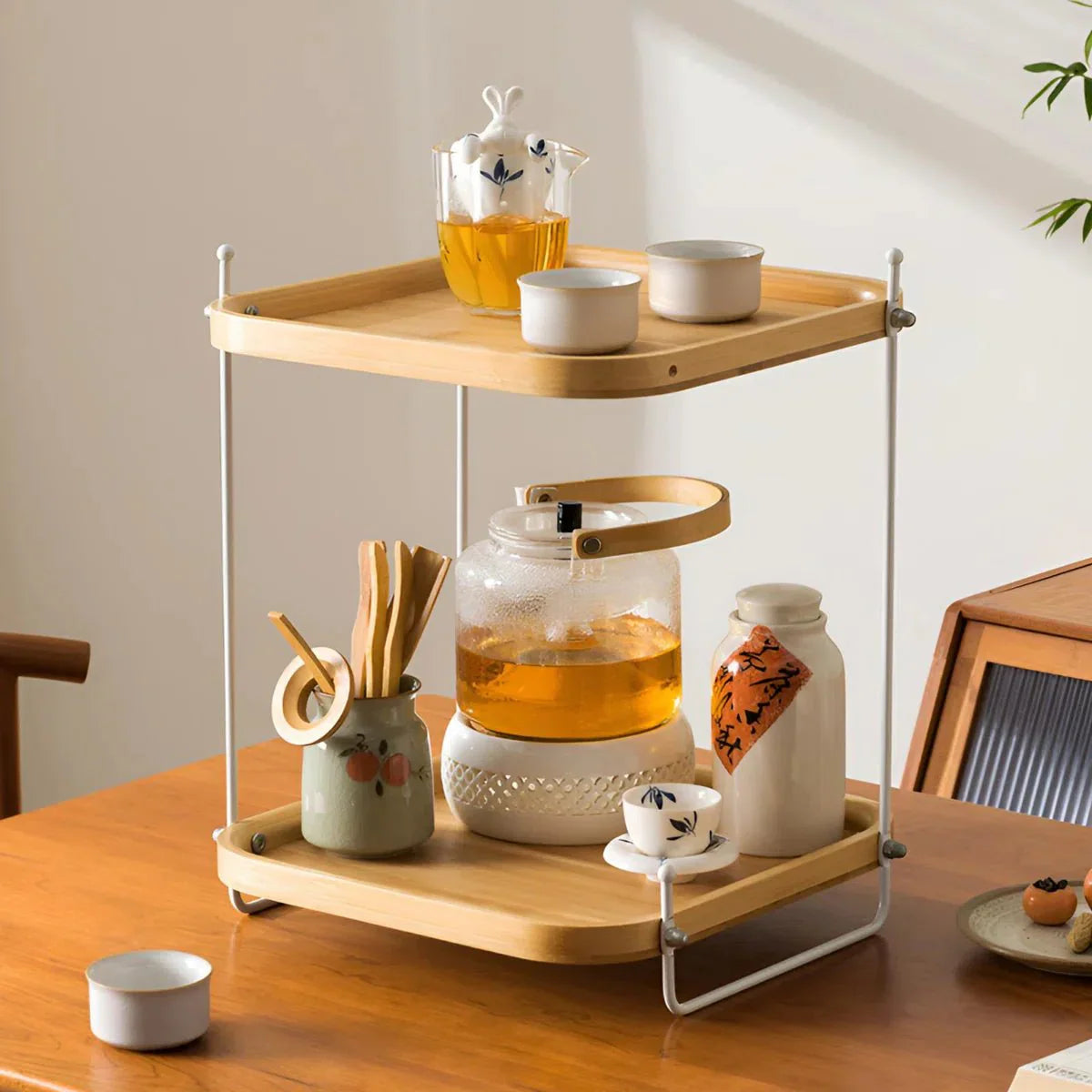 Bamboo Wood Two-Tier Tea Organizer Rack