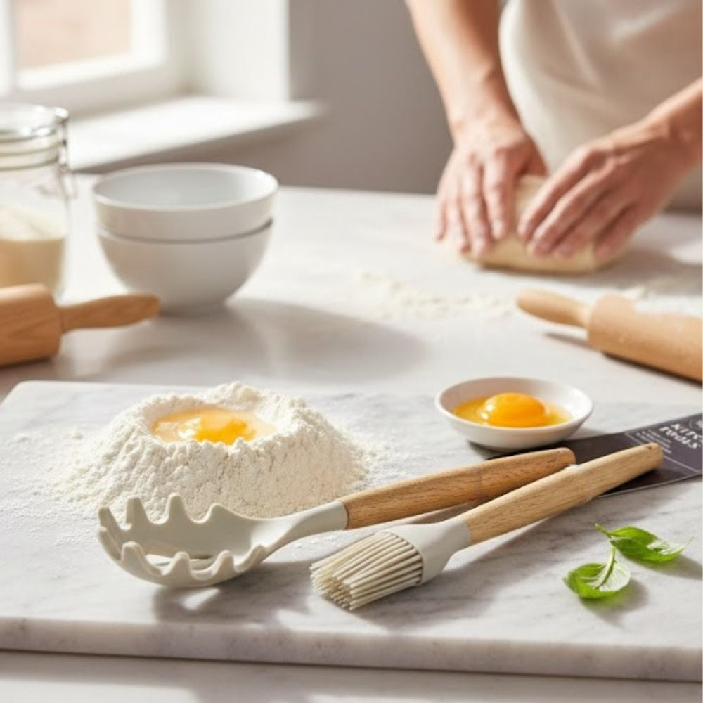 Wooden Handle Silicone Pasta Server & Brush Set